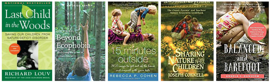 Book recommendations graphic Last Child in the woods by Richard Louv,  Beyond Ecophobia by G Sobel, 15 Minutes Outside by Rebecca P Cohen, Sharing Nature with Children by Joseph Cornell and Balanced and Barefoot by Angela J Manscon 